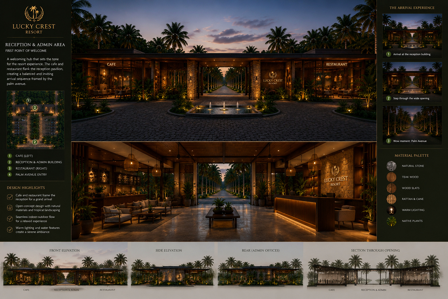 Lucky Crest reception pavilion framing the palm avenue